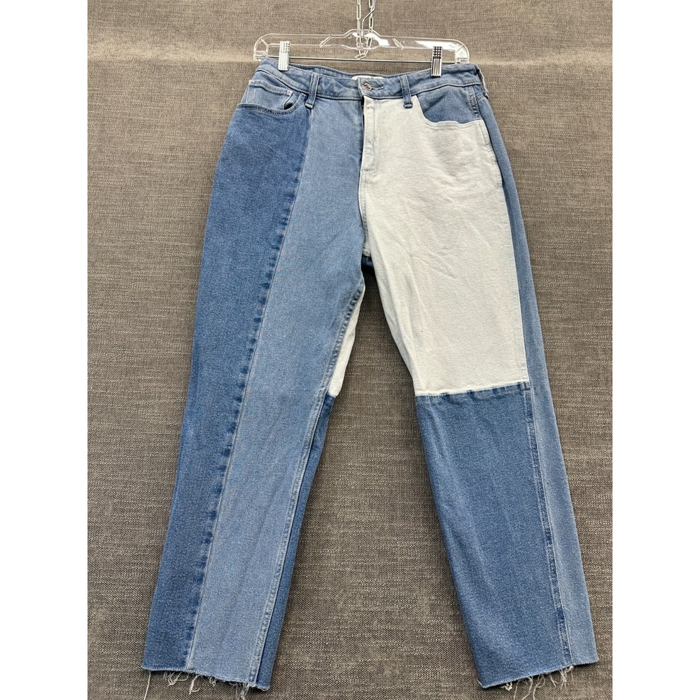 Hollister Curvy High Rise Mom Jeans 29x27 Blue Patchwork Denim Stretch Raw‎ Hem